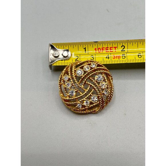 Vintage Rhinestones Pin Brooch Gold Tone Round Circle Domed Intersected Design - Picture 6 of 6